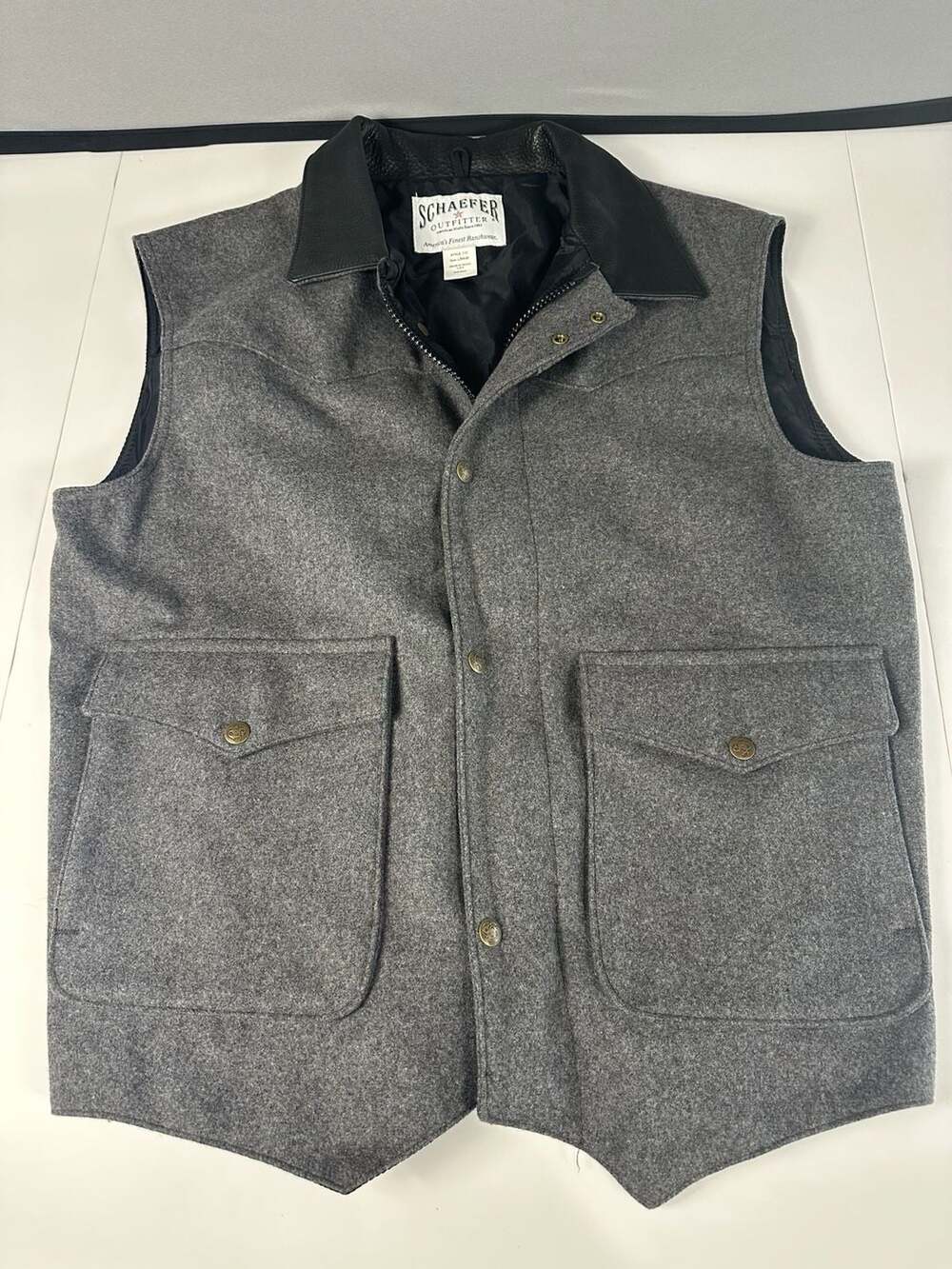 Schaefer Outfitter 713 Legacy Wool Ranch Vest Mens Large Gray Leather Collar USA